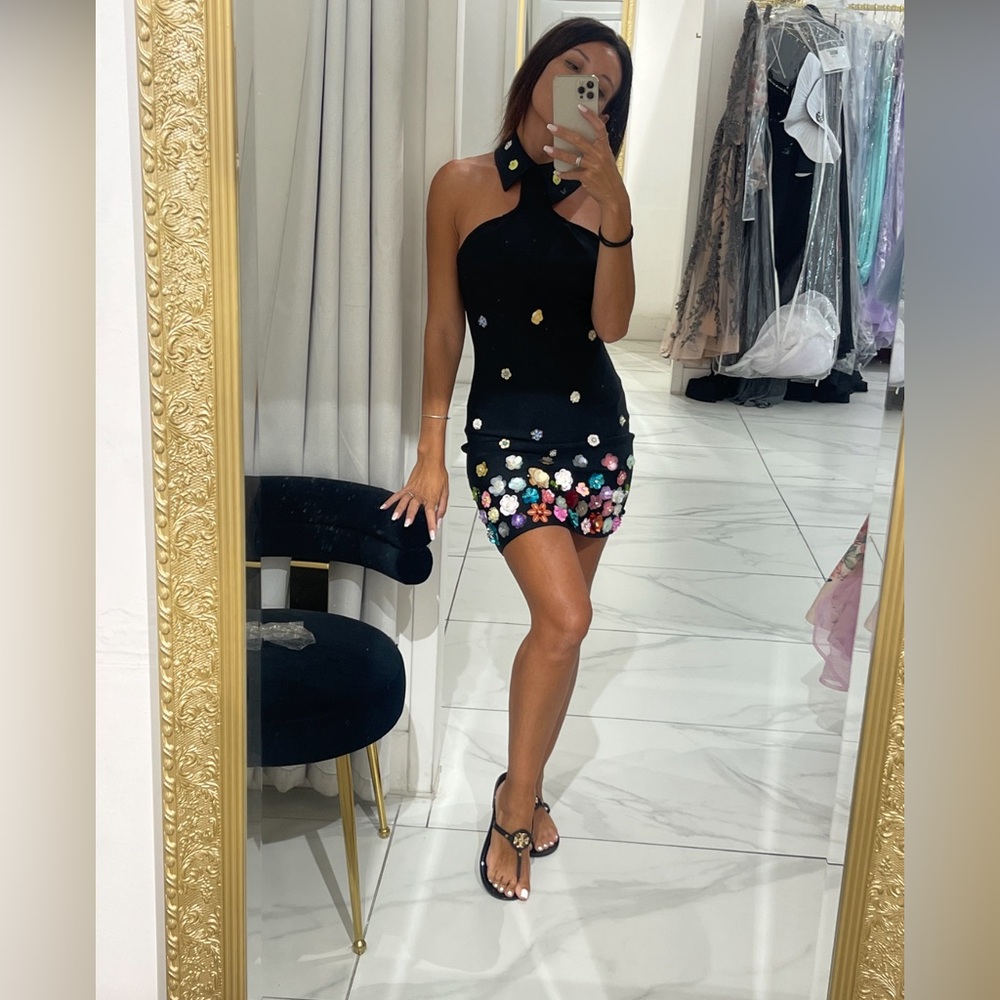 3D Floral Black Bandage Dress